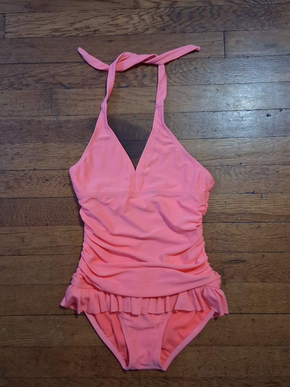 Girl's Coral Pink Halter Ruffle One-Piece Swimsuit